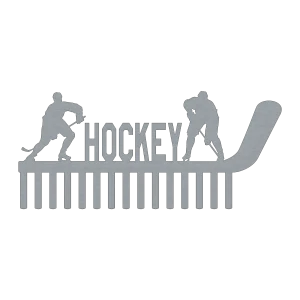 Steel wall art medal holder with two hockey players flanking the word 'Hockey'. A large hockey stick forms the base, featuring 15 hooks. Silver finish on black background.